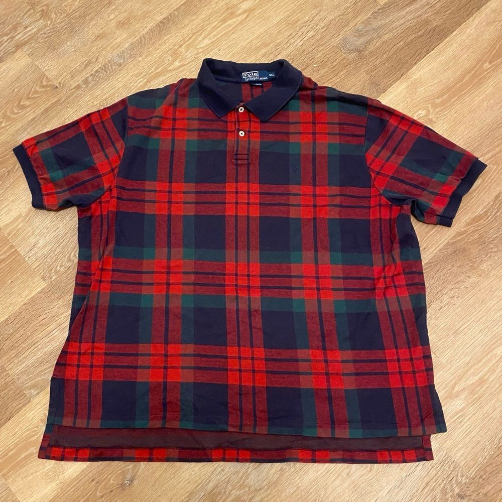 VTG Polo Ralph Lauren Plaid Polo Shirt XXL Men Red Navy Green Tartan Pique 90s